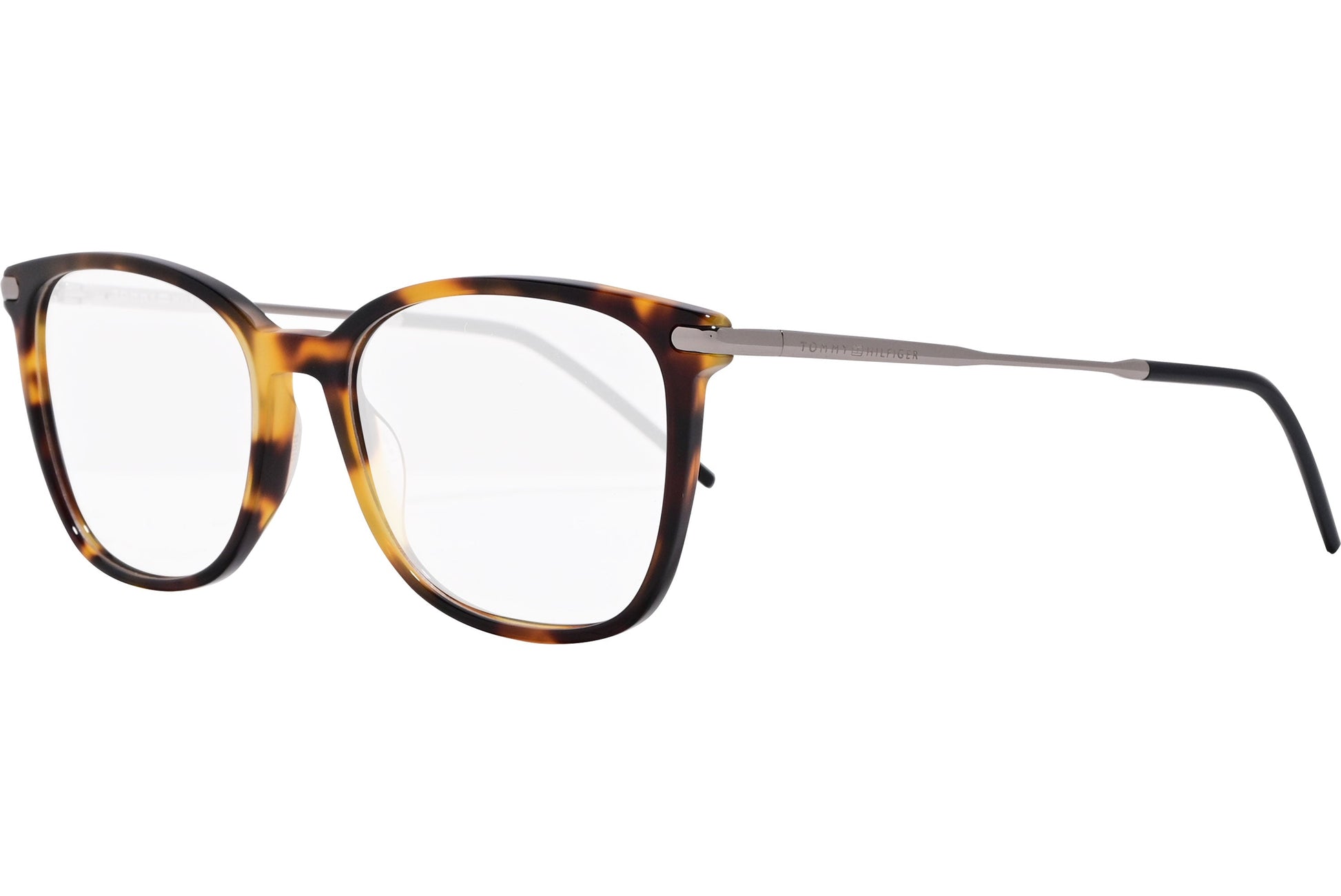 tommy hilfiger rectangle tortoise eyeglasses frame viewed from a 45-degree angle.