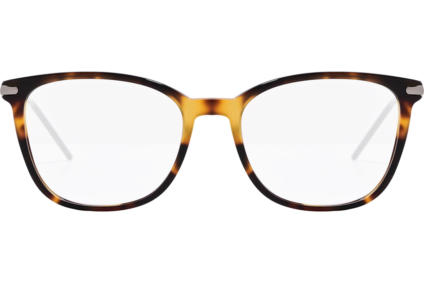 tommy hilfiger rectangle tortoise eyeglasses frame viewed from front angle.