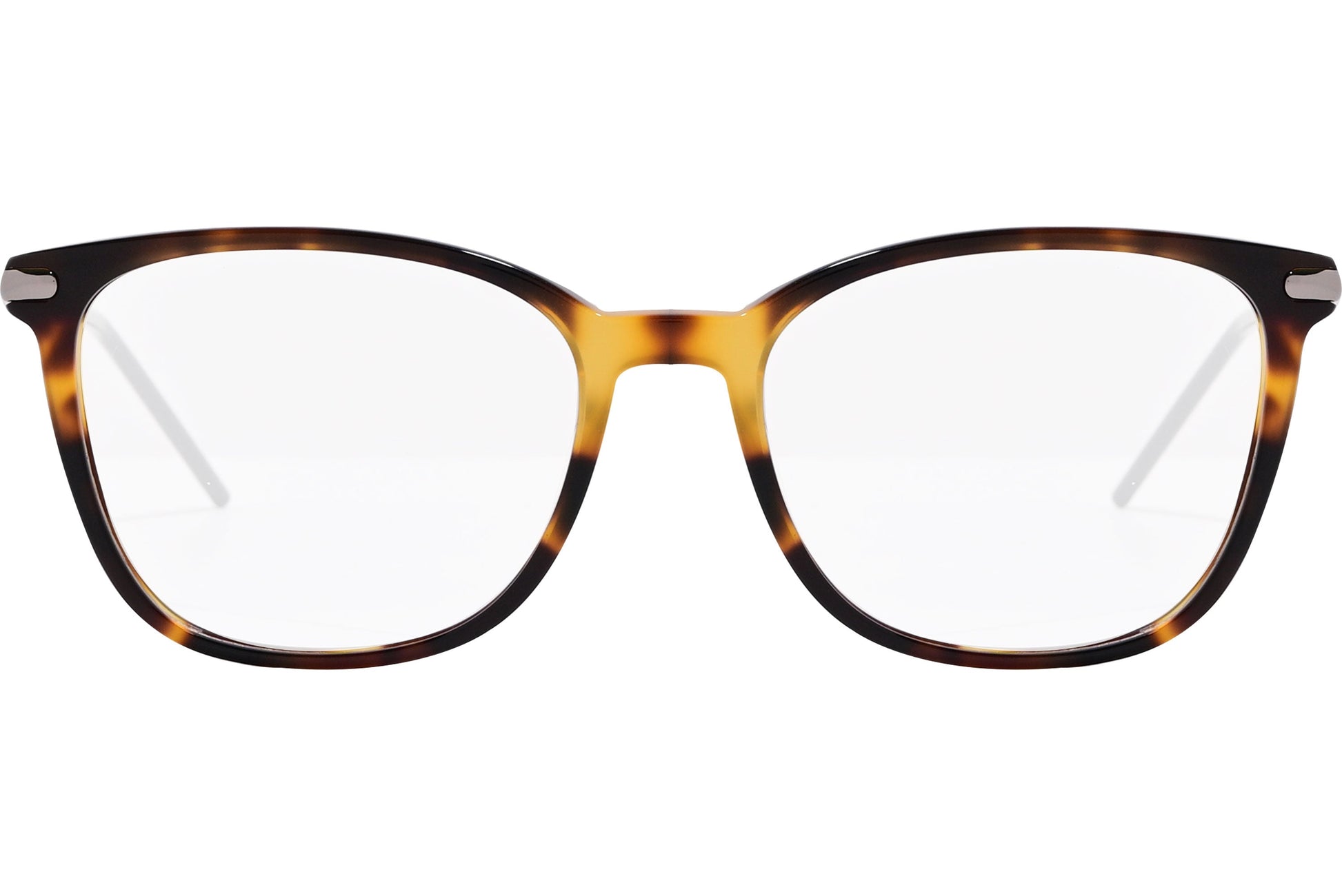 tommy hilfiger rectangle tortoise eyeglasses frame viewed from front angle.