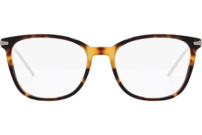 tommy hilfiger rectangle tortoise eyeglasses frame viewed from front angle.