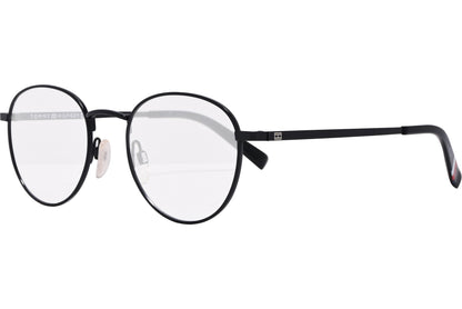 tommy hilfiger oval black eyeglasses frame viewed from a 45-degree angle.