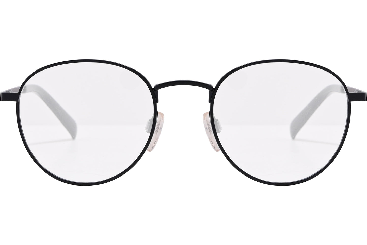 tommy hilfiger oval black eyeglasses frame viewed from front angle.