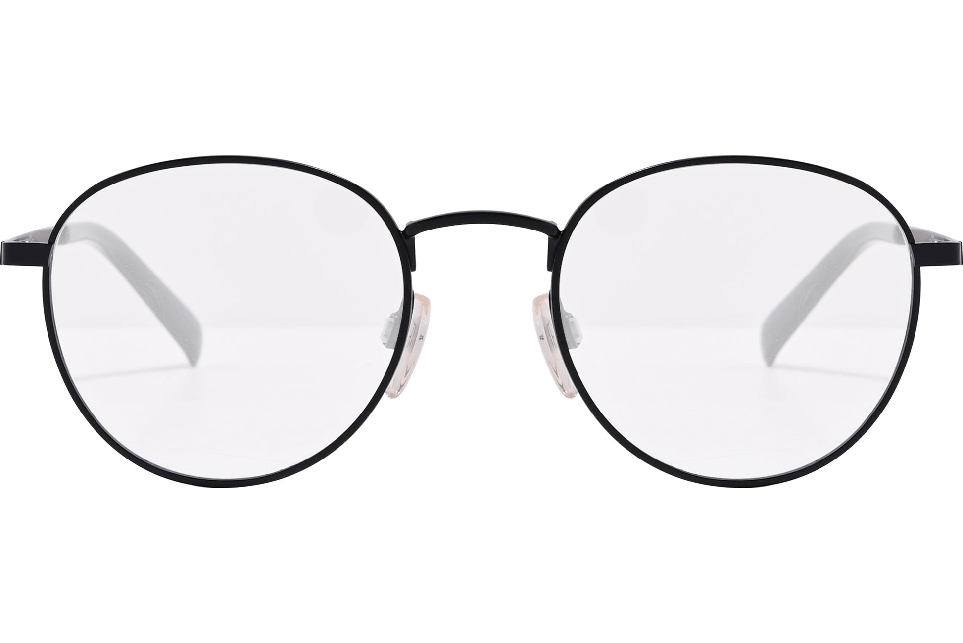 tommy hilfiger oval black eyeglasses frame viewed from front angle.