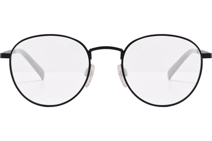 tommy hilfiger oval black eyeglasses frame viewed from front angle.