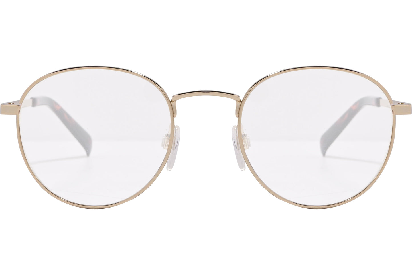 tommy hilfiger oval gold eyeglasses frame viewed from front angle.