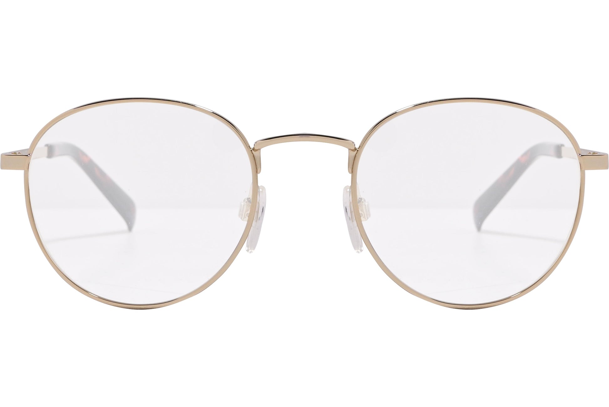 tommy hilfiger oval gold eyeglasses frame viewed from front angle.