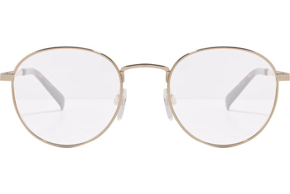 tommy hilfiger oval gold eyeglasses frame viewed from front angle.