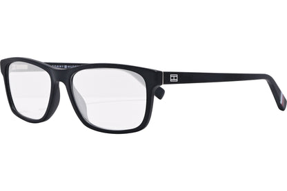 tommy hilfiger rectangle black eyeglasses frame viewed from a 45-degree angle.