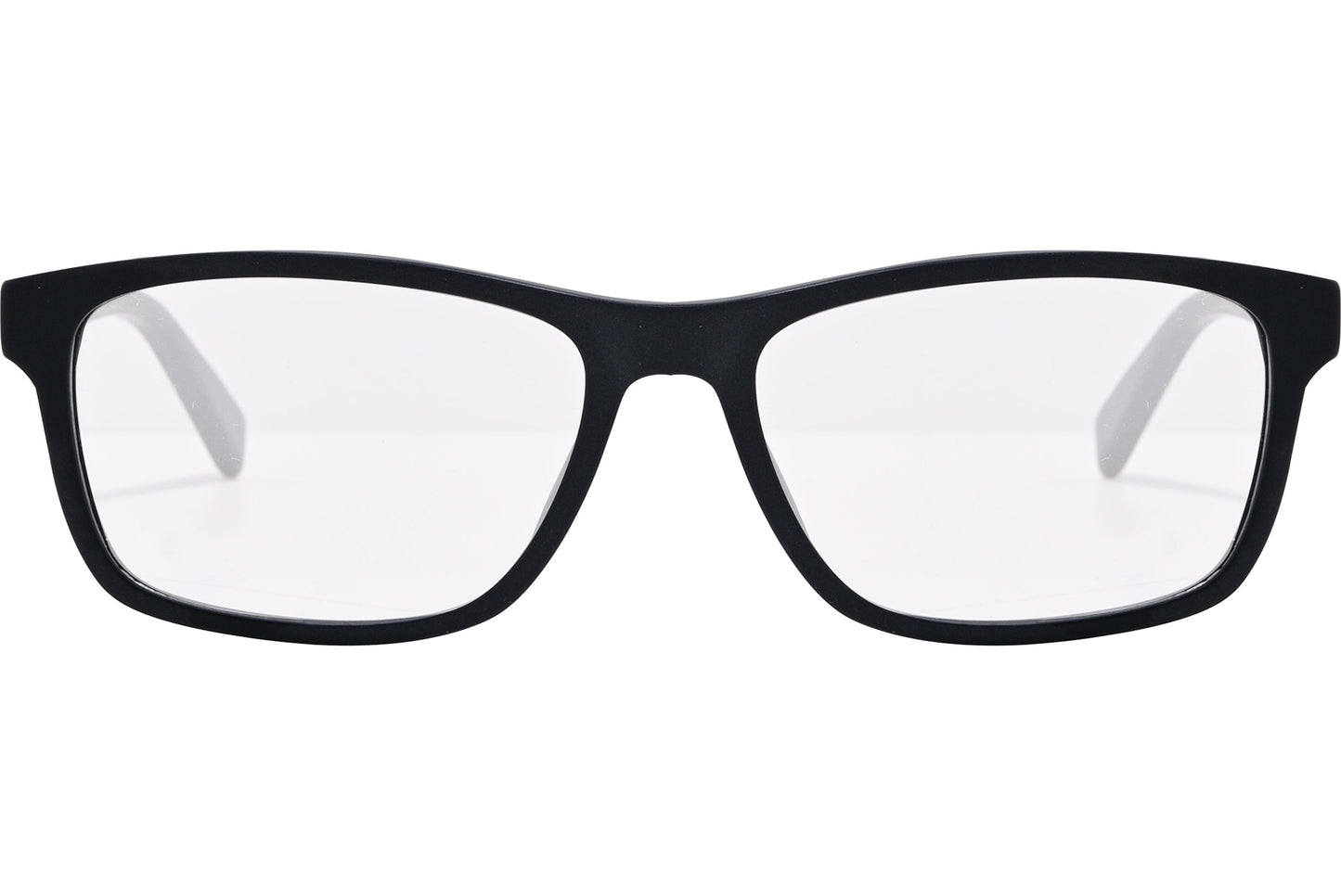 tommy hilfiger rectangle black eyeglasses frame viewed from front angle.