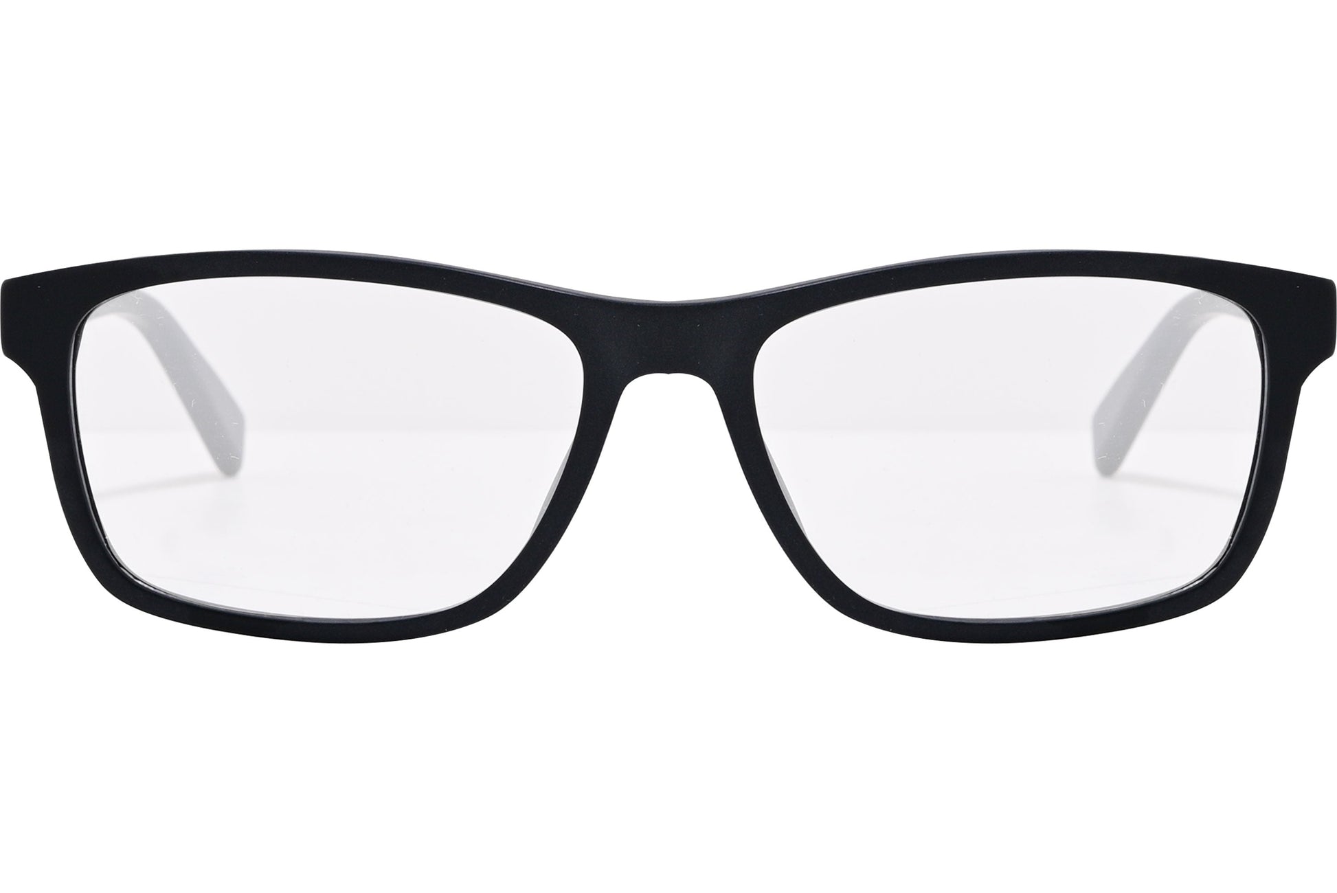 tommy hilfiger rectangle black eyeglasses frame viewed from front angle.