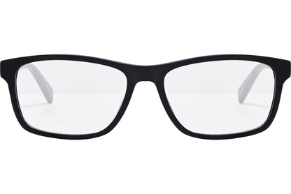 tommy hilfiger rectangle black eyeglasses frame viewed from front angle.