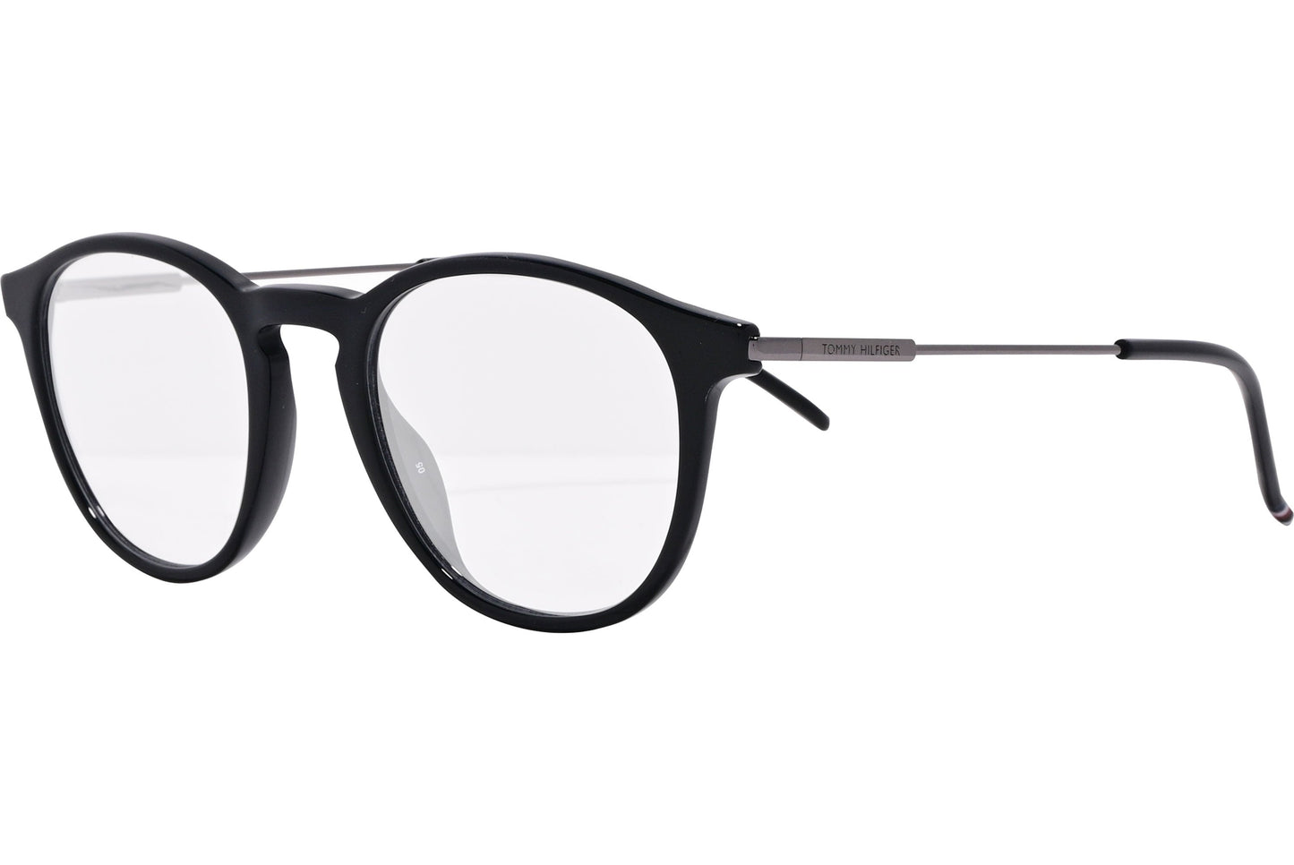 tommy hilfiger oval black eyeglasses frame viewed from a 45-degree angle.