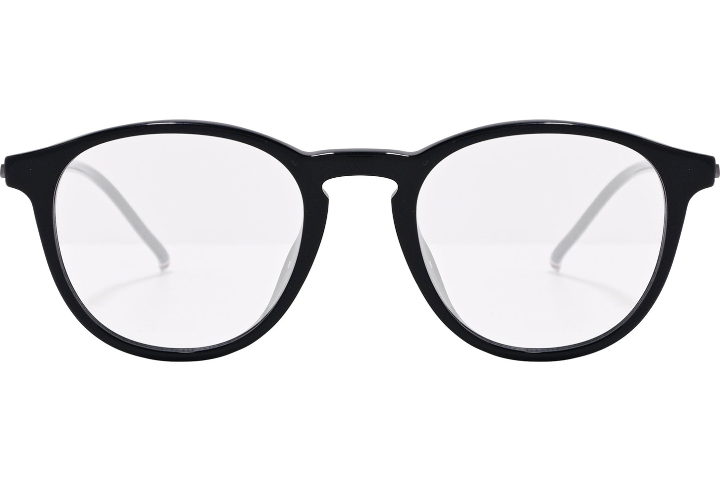 tommy hilfiger oval black eyeglasses frame viewed from front angle.