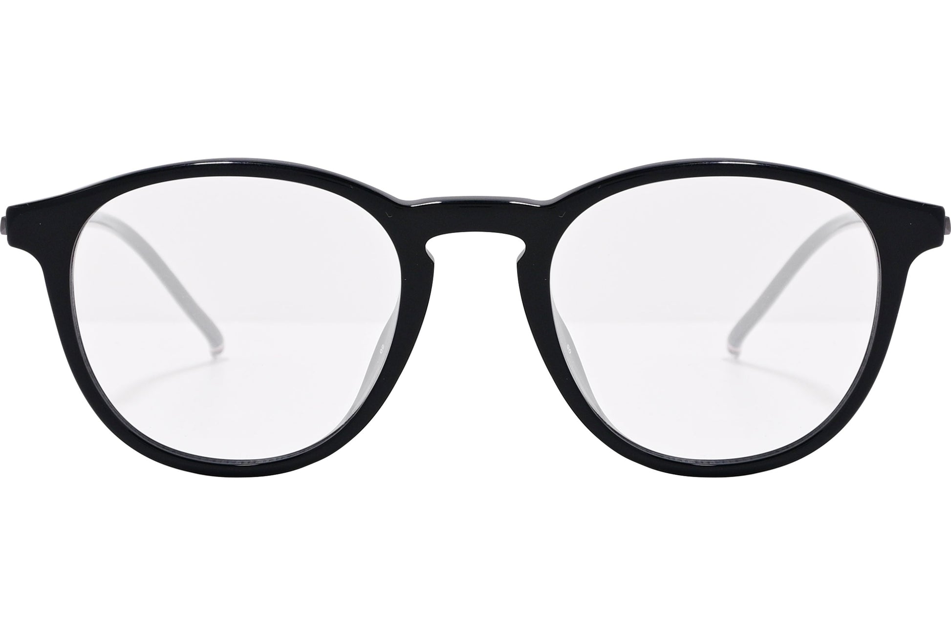 tommy hilfiger oval black eyeglasses frame viewed from front angle.