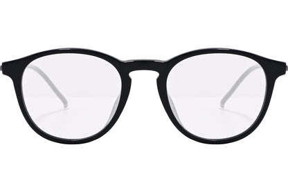 tommy hilfiger oval black eyeglasses frame viewed from front angle.