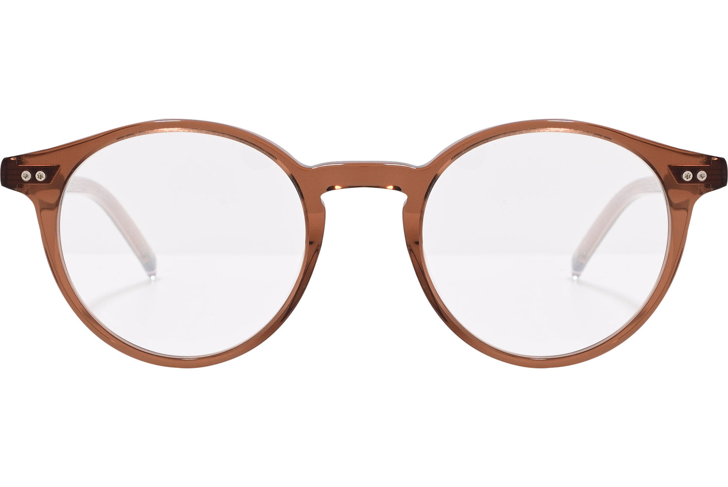 tommy hilfiger round gold eyeglasses frame viewed from front angle.