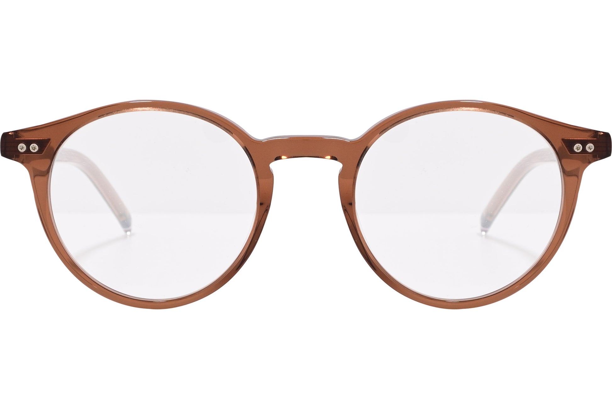 tommy hilfiger round gold eyeglasses frame viewed from front angle.