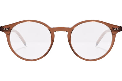 tommy hilfiger round gold eyeglasses frame viewed from front angle.