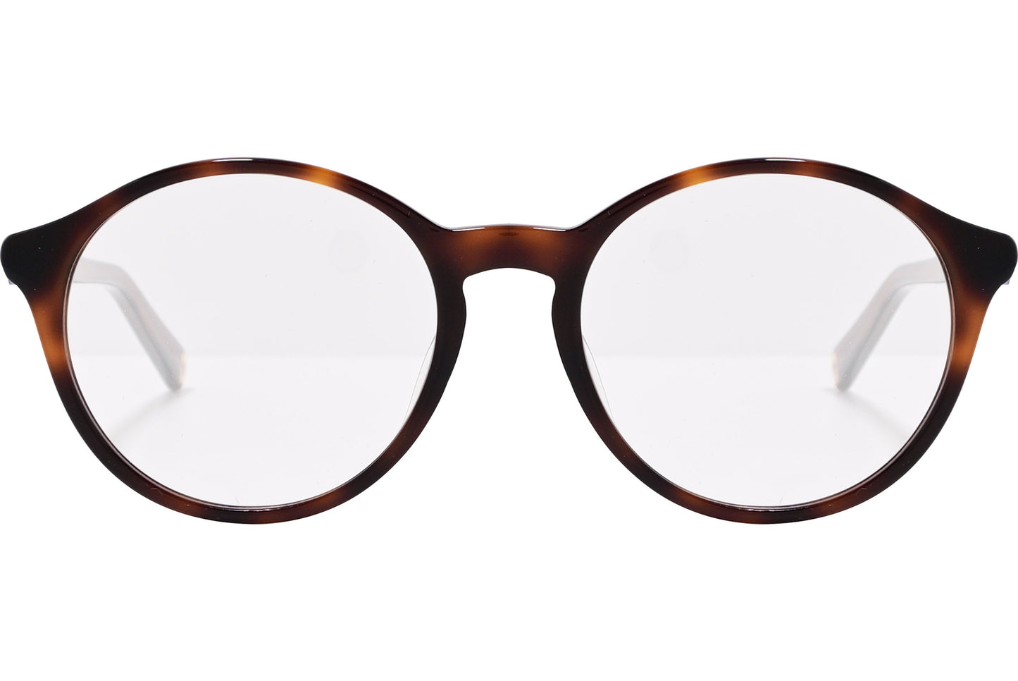 tommy hilfiger round tortoise eyeglasses frame viewed from front angle.