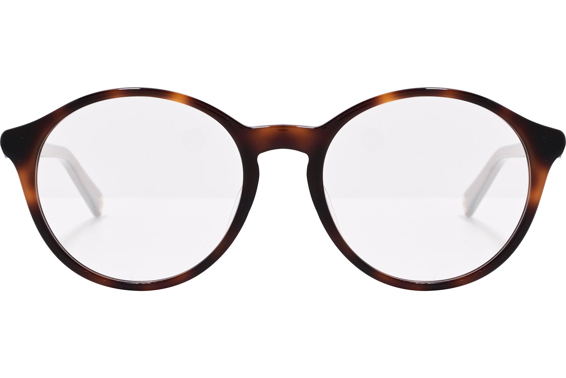 tommy hilfiger round tortoise eyeglasses frame viewed from front angle.