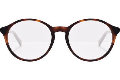 tommy hilfiger round tortoise eyeglasses frame viewed from front angle.