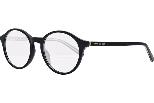 tommy hilfiger round black eyeglasses frame viewed from a 45-degree angle.