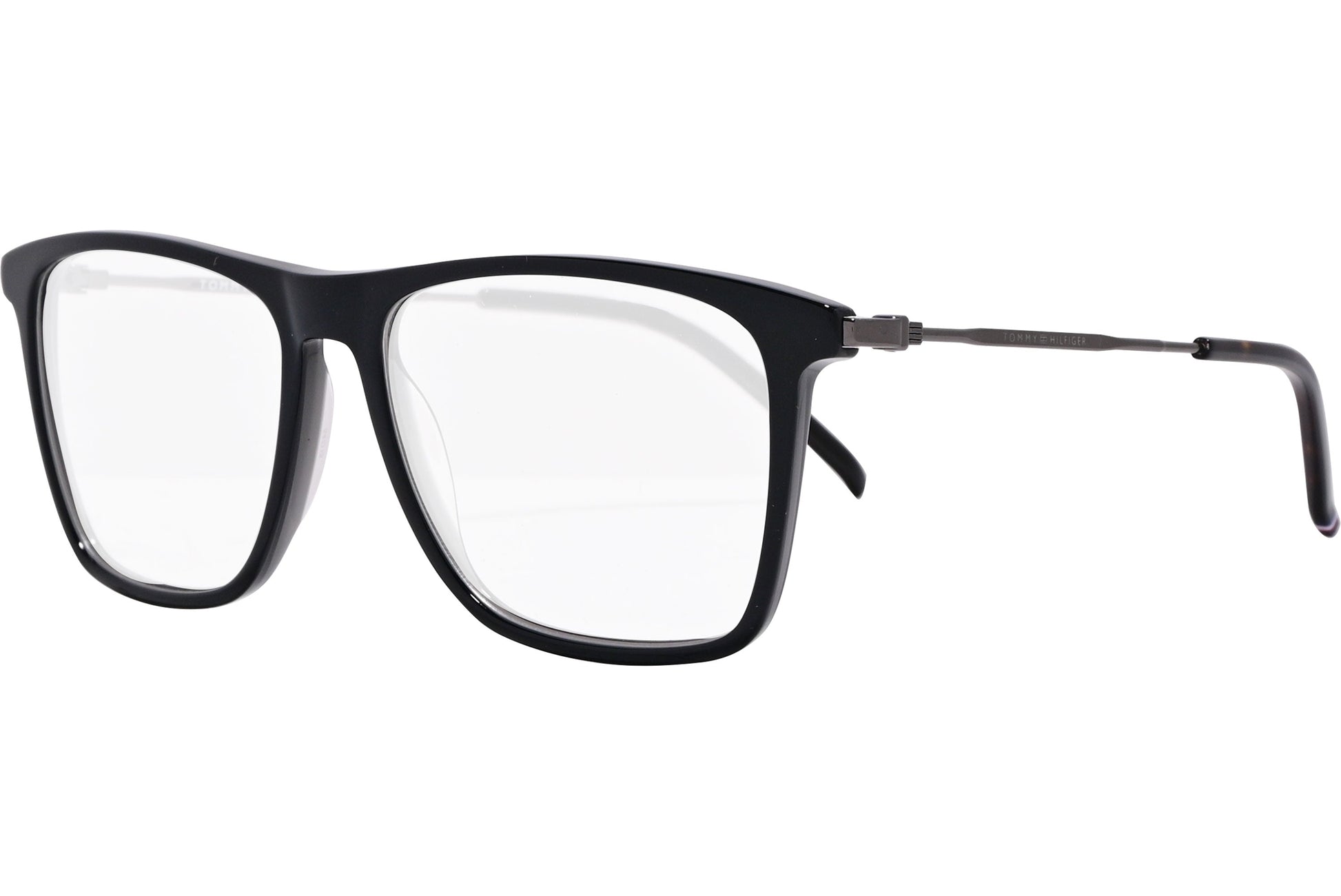 tommy hilfiger rectangle black eyeglasses frame viewed from a 45-degree angle.