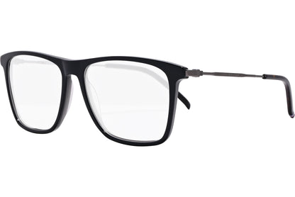 tommy hilfiger rectangle black eyeglasses frame viewed from a 45-degree angle.