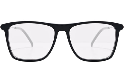 tommy hilfiger rectangle black eyeglasses frame viewed from front angle.