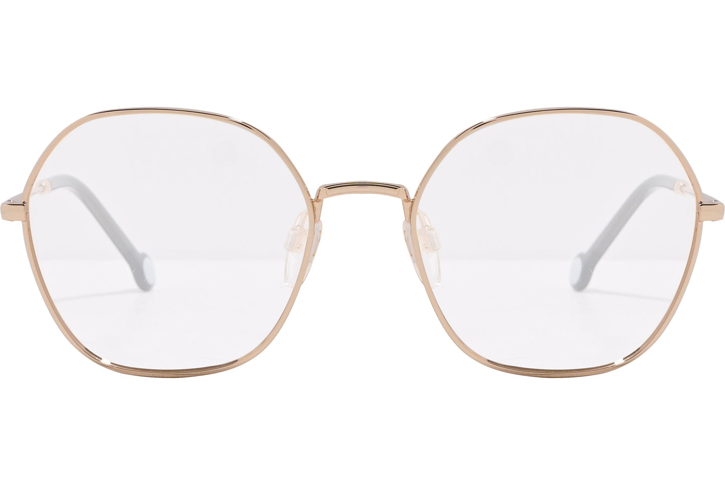 tommy hilfiger hexagonal gold eyeglasses frame viewed from front angle.