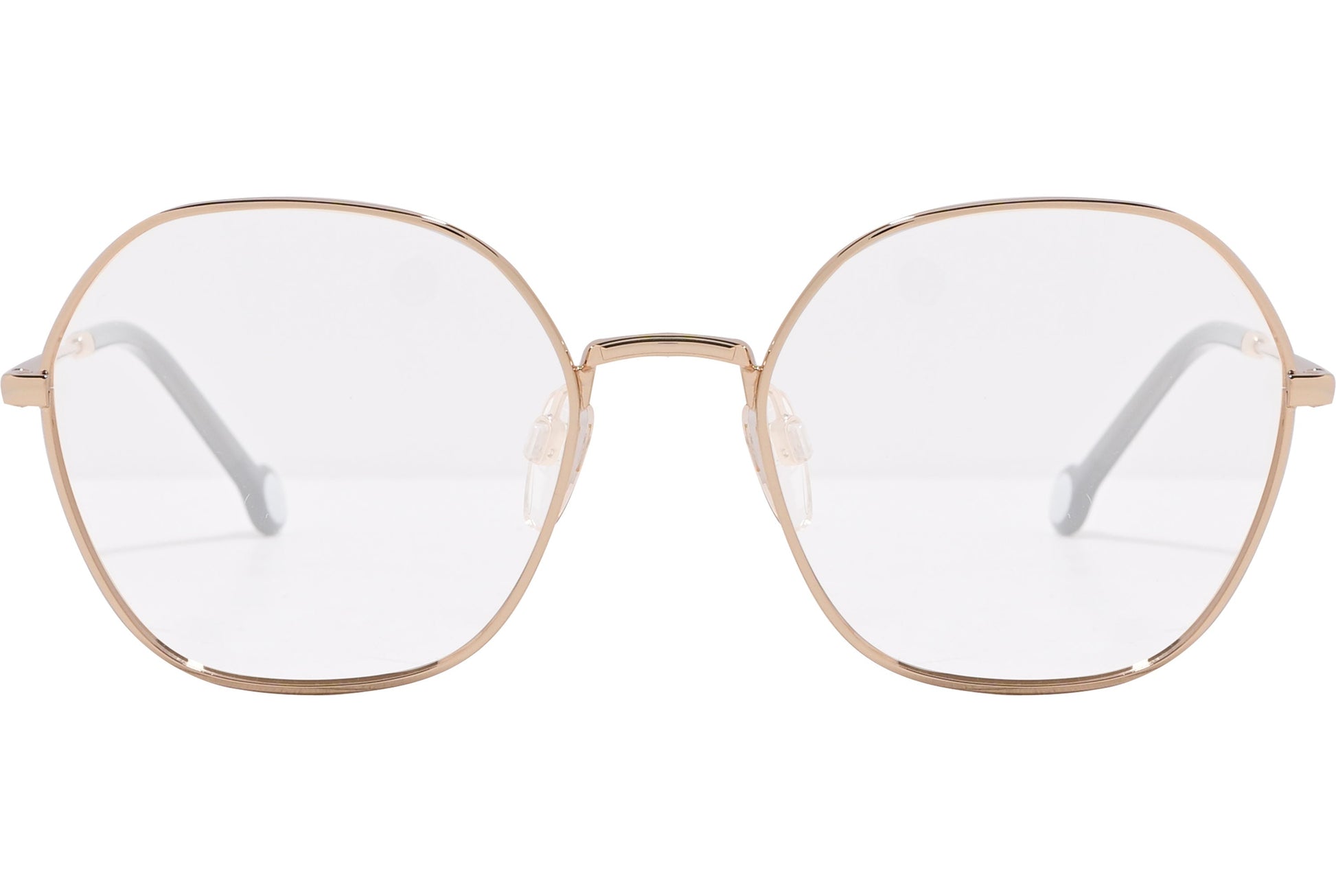 tommy hilfiger hexagonal gold eyeglasses frame viewed from front angle.