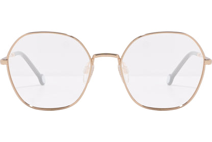 tommy hilfiger hexagonal gold eyeglasses frame viewed from front angle.