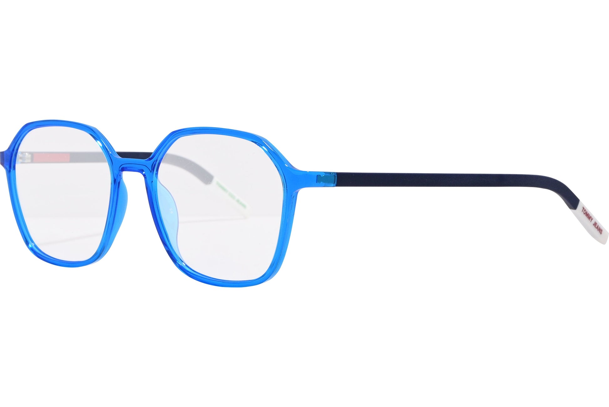 tommy hilfiger hexagonal blue eyeglasses frame viewed from a 45-degree angle.