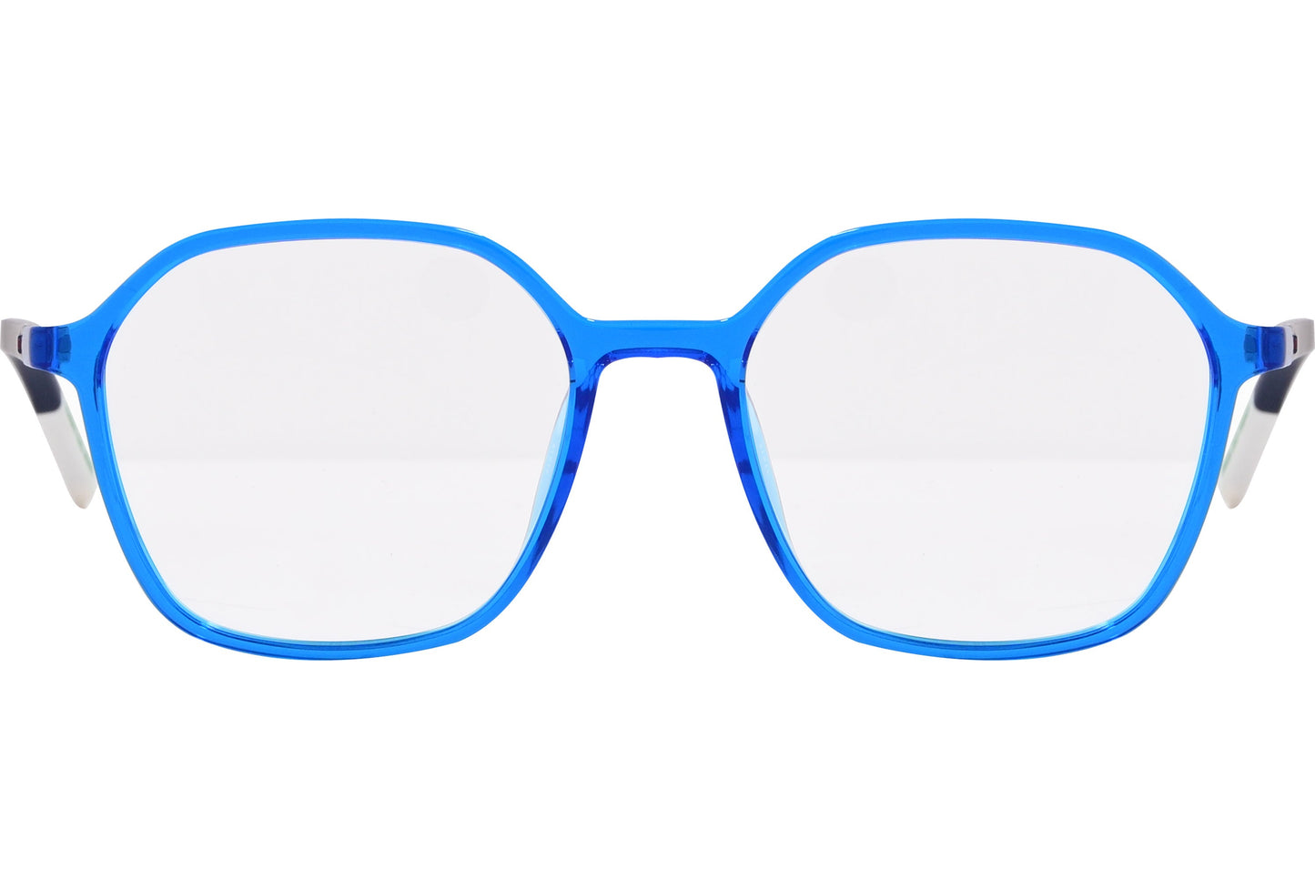 tommy hilfiger hexagonal blue eyeglasses frame viewed from front angle.