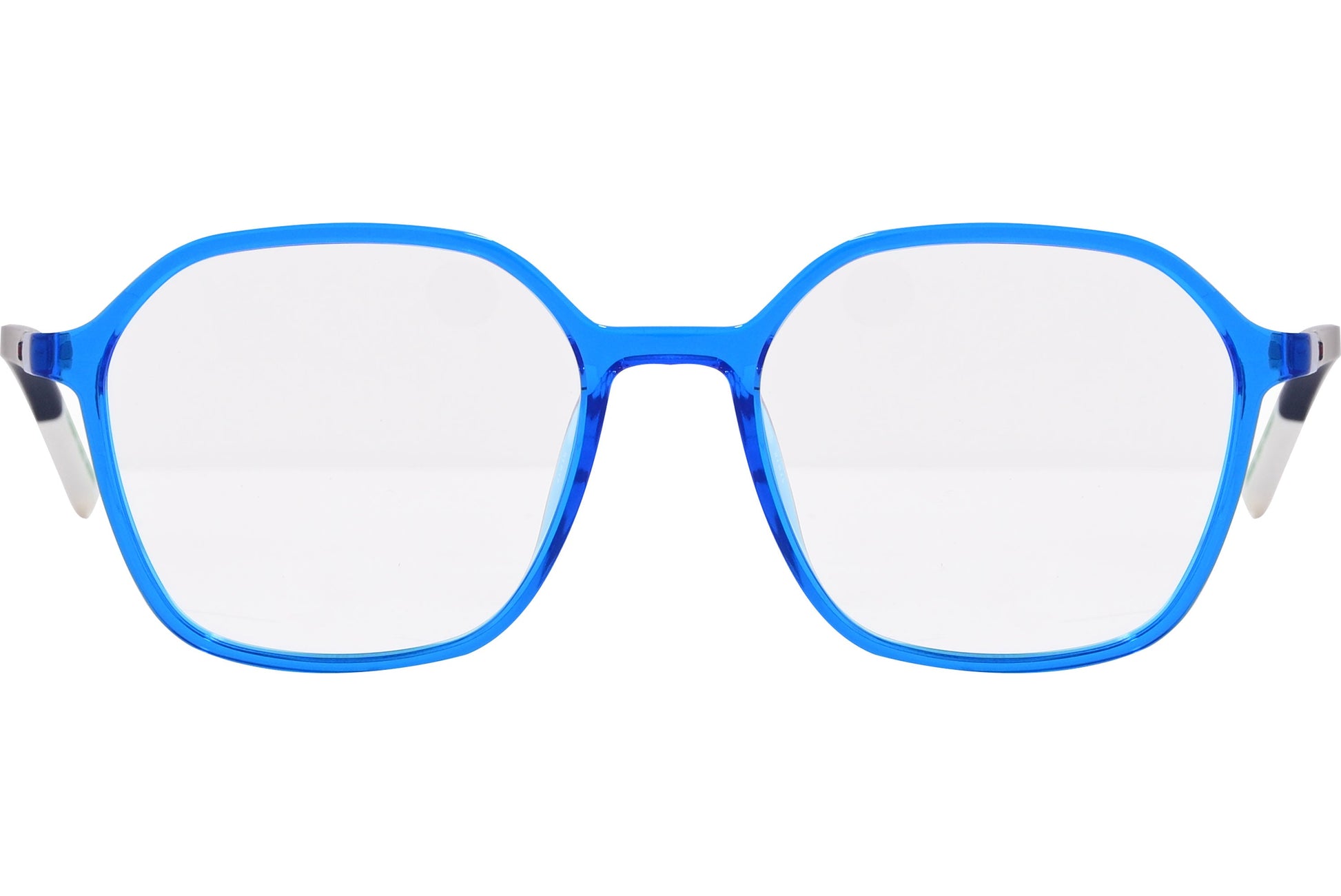 tommy hilfiger hexagonal blue eyeglasses frame viewed from front angle.