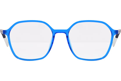 tommy hilfiger hexagonal blue eyeglasses frame viewed from front angle.