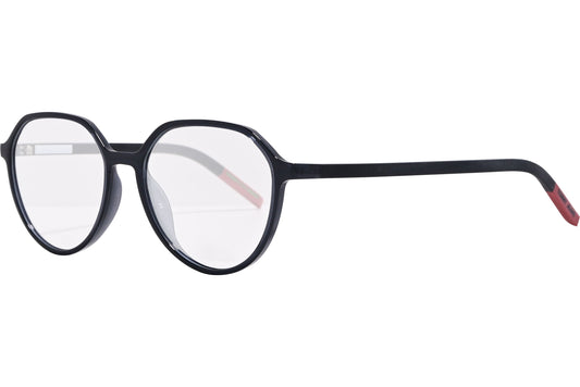 tommy hilfiger oval black eyeglasses frame viewed from a 45-degree angle.