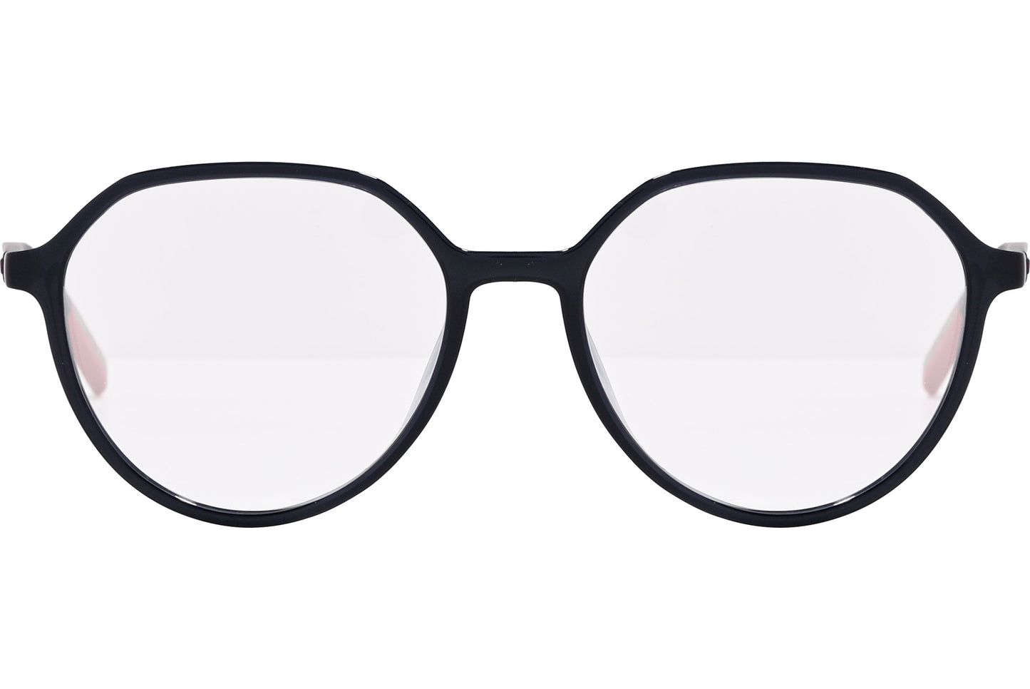 tommy hilfiger oval black eyeglasses frame viewed from front angle.