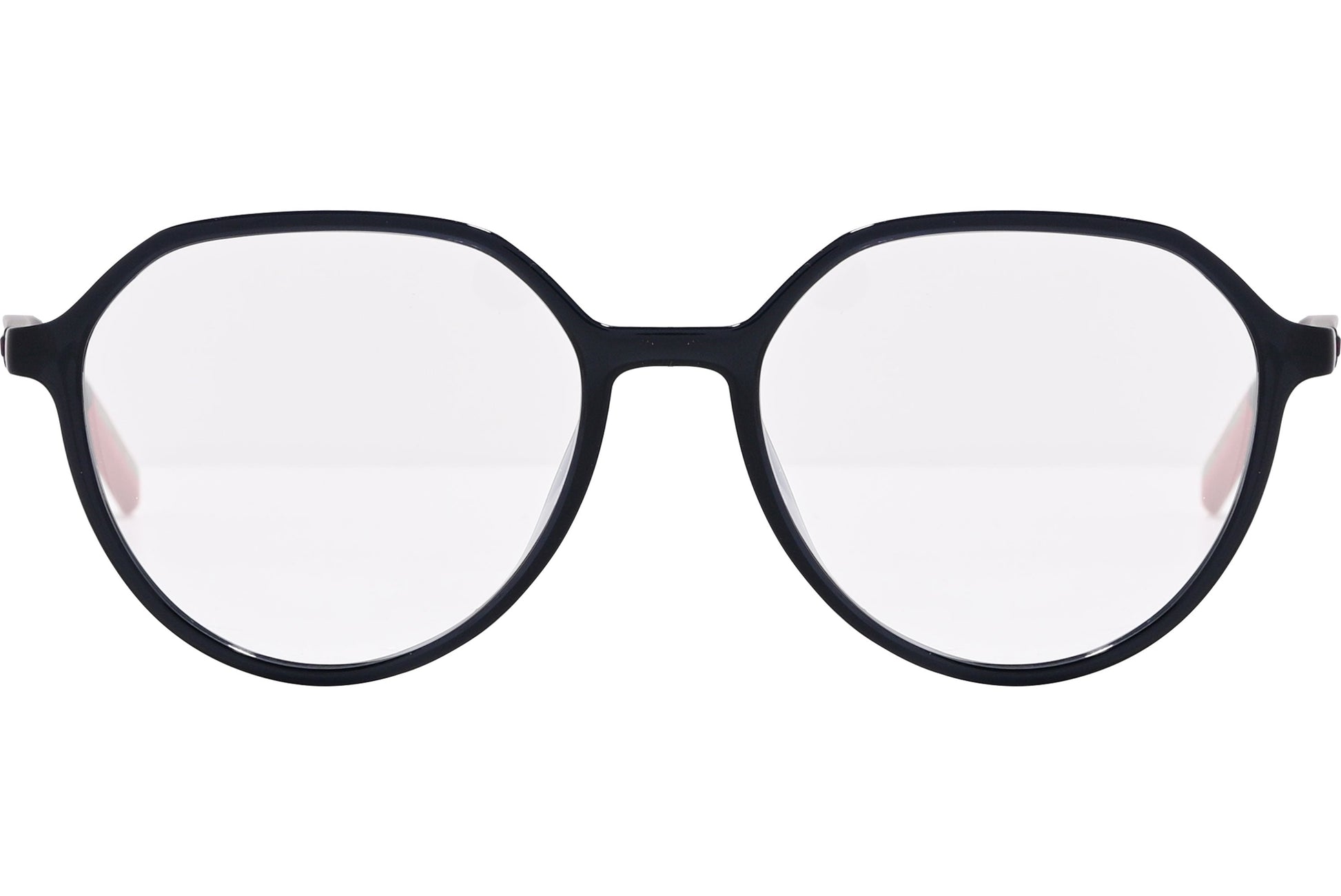 tommy hilfiger oval black eyeglasses frame viewed from front angle.