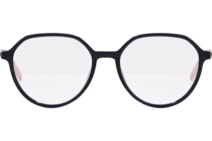 tommy hilfiger oval black eyeglasses frame viewed from front angle.