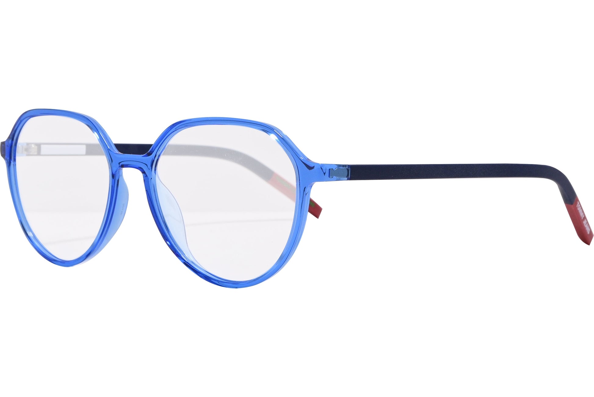 tommy hilfiger oval blue eyeglasses frame viewed from a 45-degree angle.