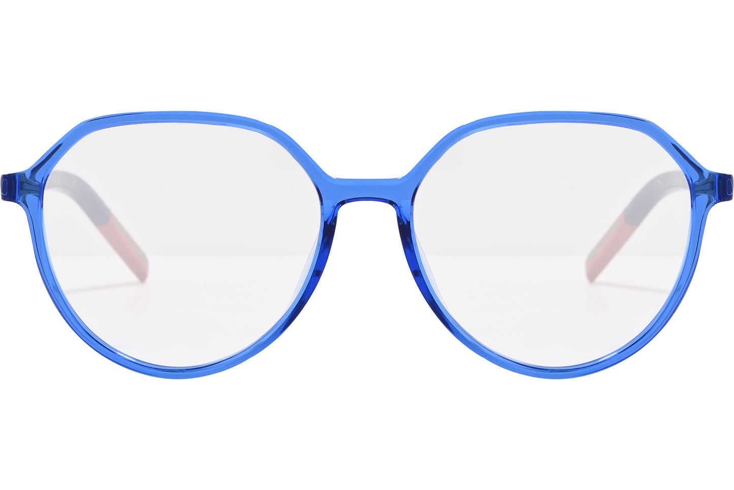 tommy hilfiger oval blue eyeglasses frame viewed from front angle.