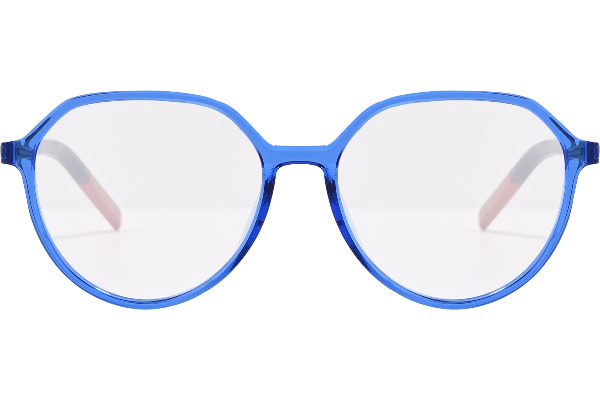 tommy hilfiger oval blue eyeglasses frame viewed from front angle.