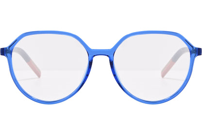 tommy hilfiger oval blue eyeglasses frame viewed from front angle.