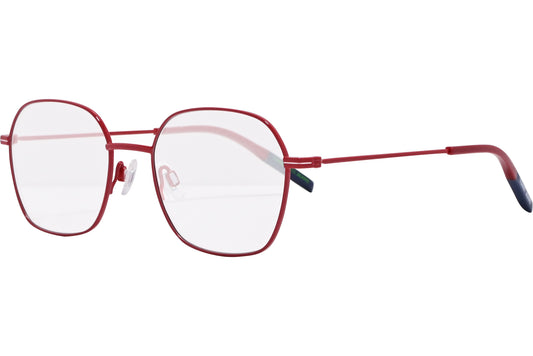 tommy hilfiger square red eyeglasses frame viewed from a 45-degree angle.