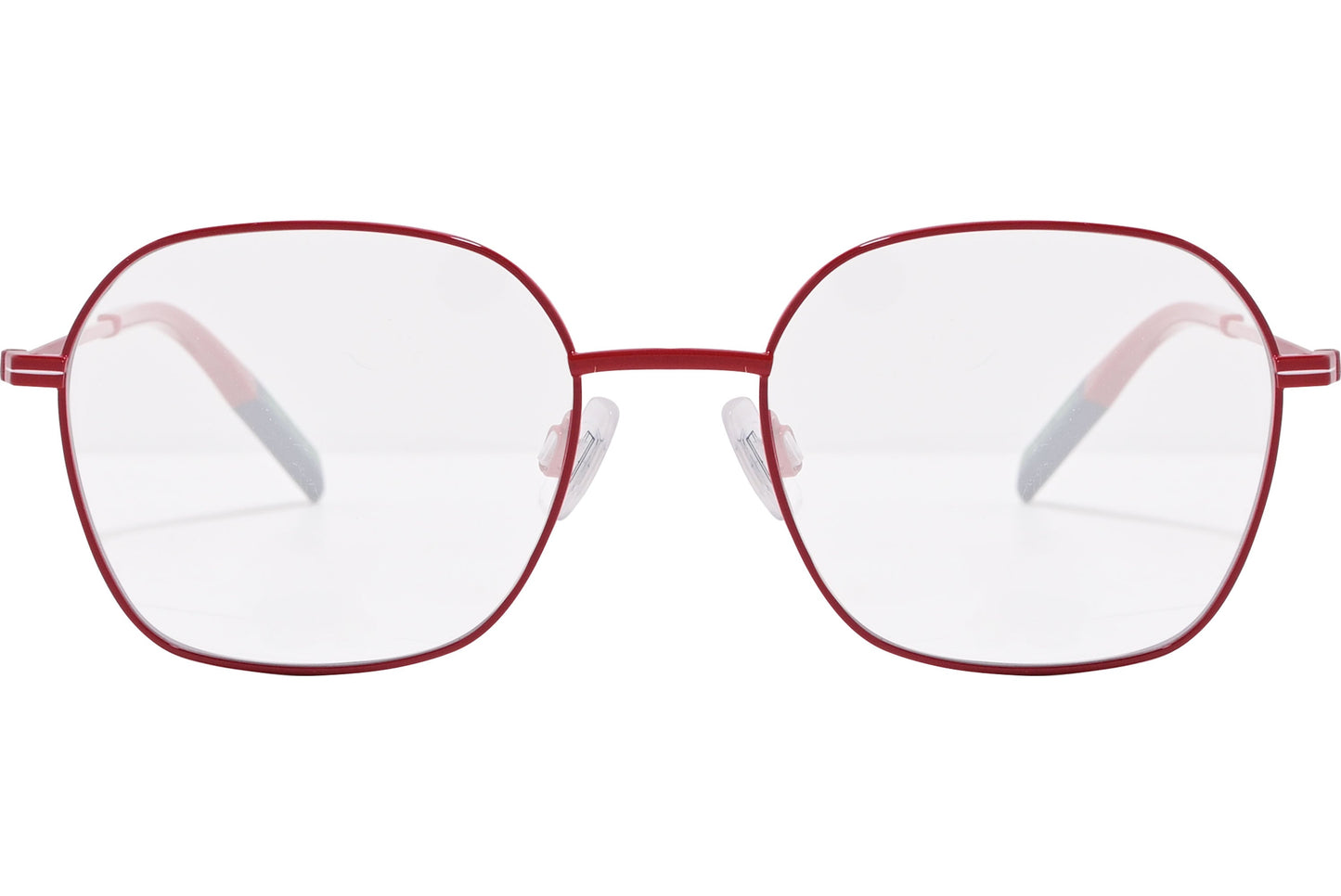 tommy hilfiger square red eyeglasses frame viewed from front angle.