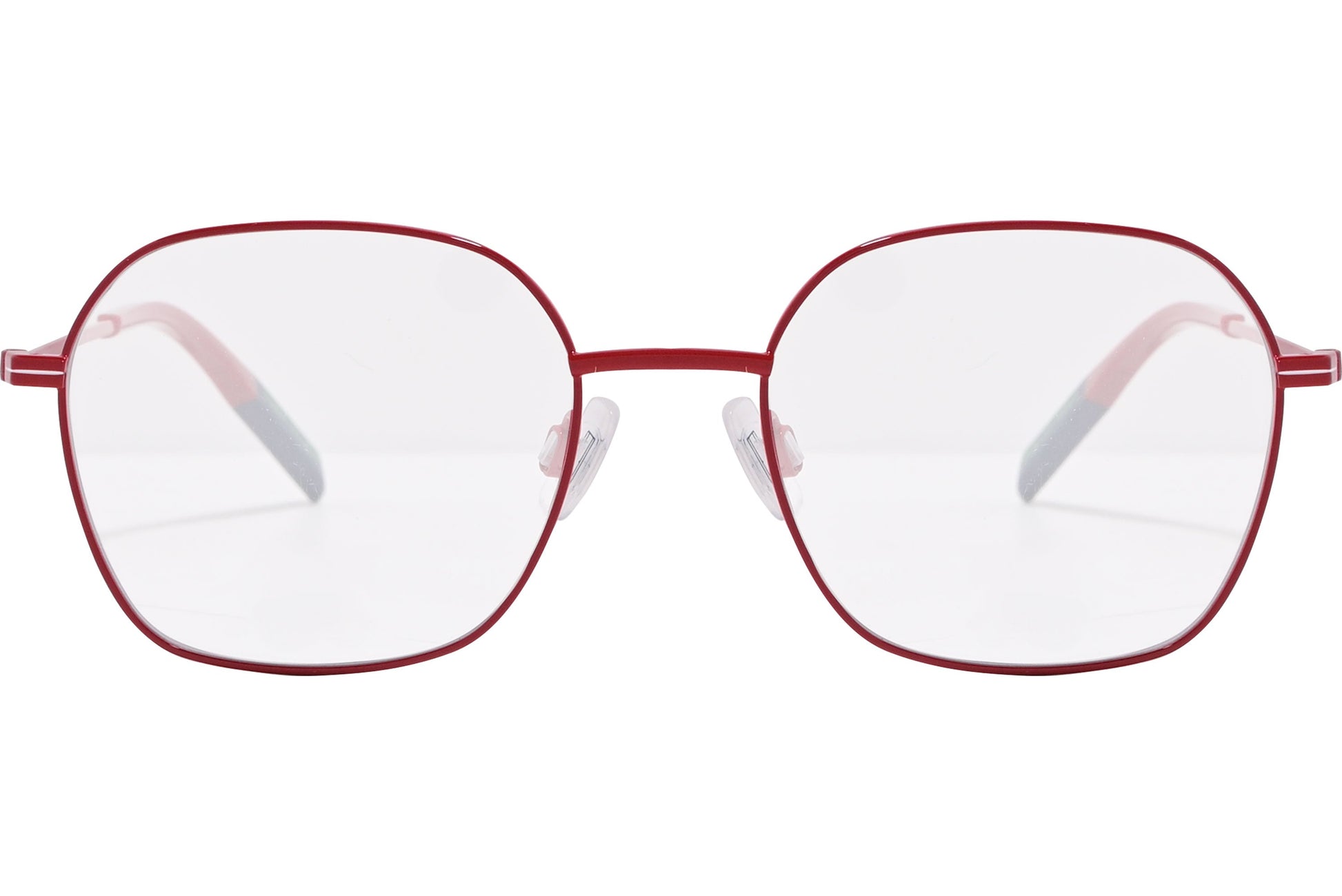 tommy hilfiger square red eyeglasses frame viewed from front angle.