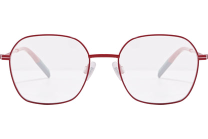 tommy hilfiger square red eyeglasses frame viewed from front angle.