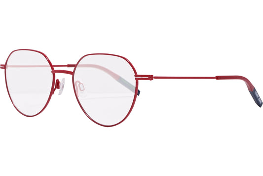 tommy hilfiger oval red eyeglasses frame viewed from a 45-degree angle.