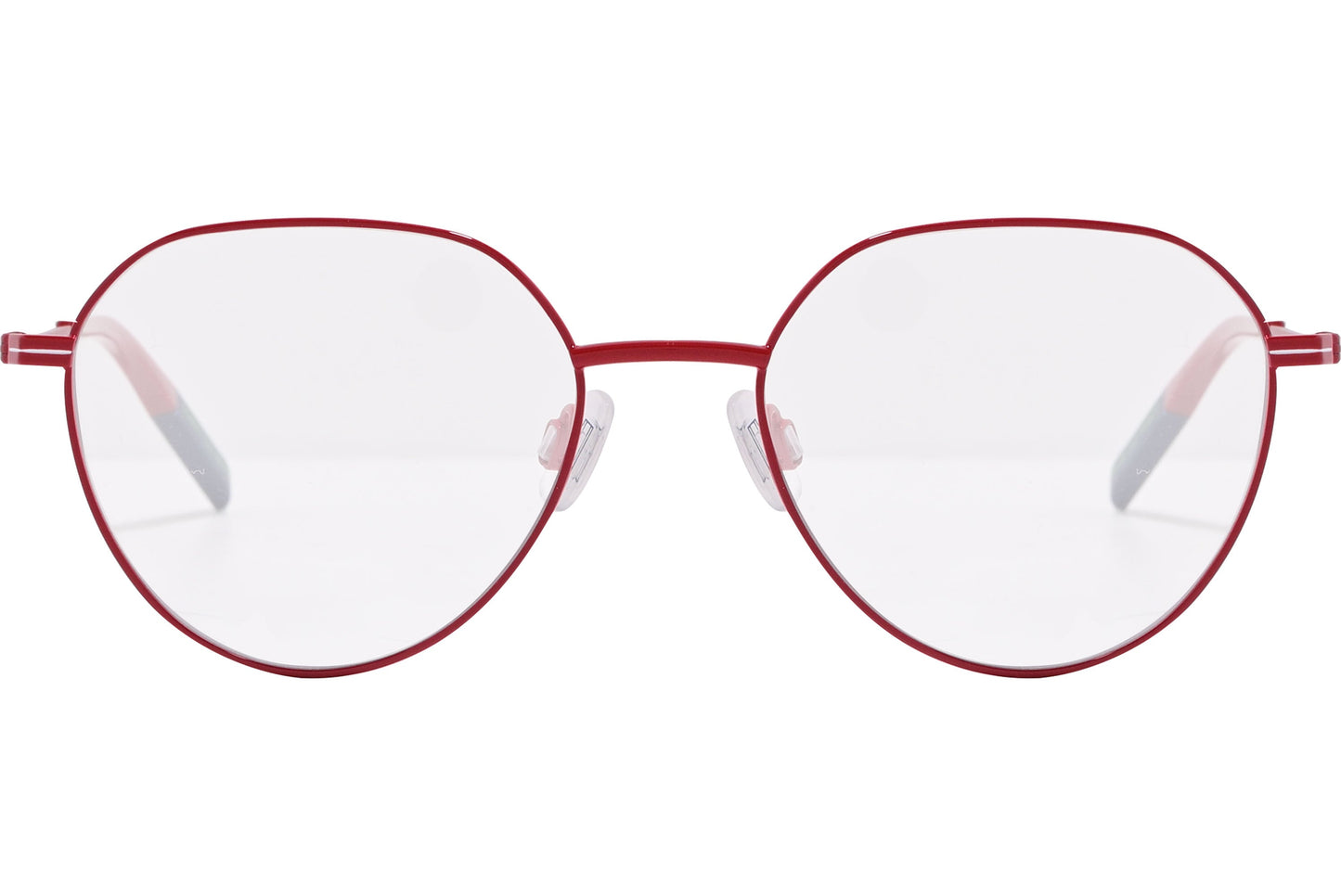 tommy hilfiger oval red eyeglasses frame viewed from front angle.